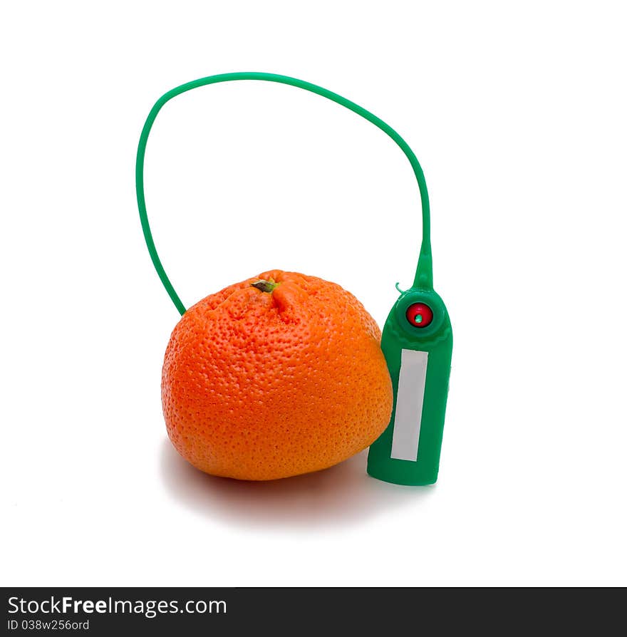 Tangerine with a label on a white background. Tangerine with a label on a white background