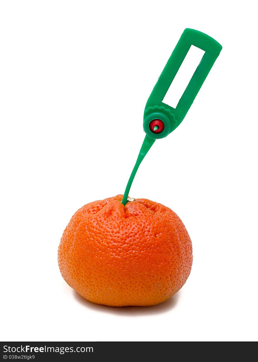 Tangerine with a label on a white background. Tangerine with a label on a white background