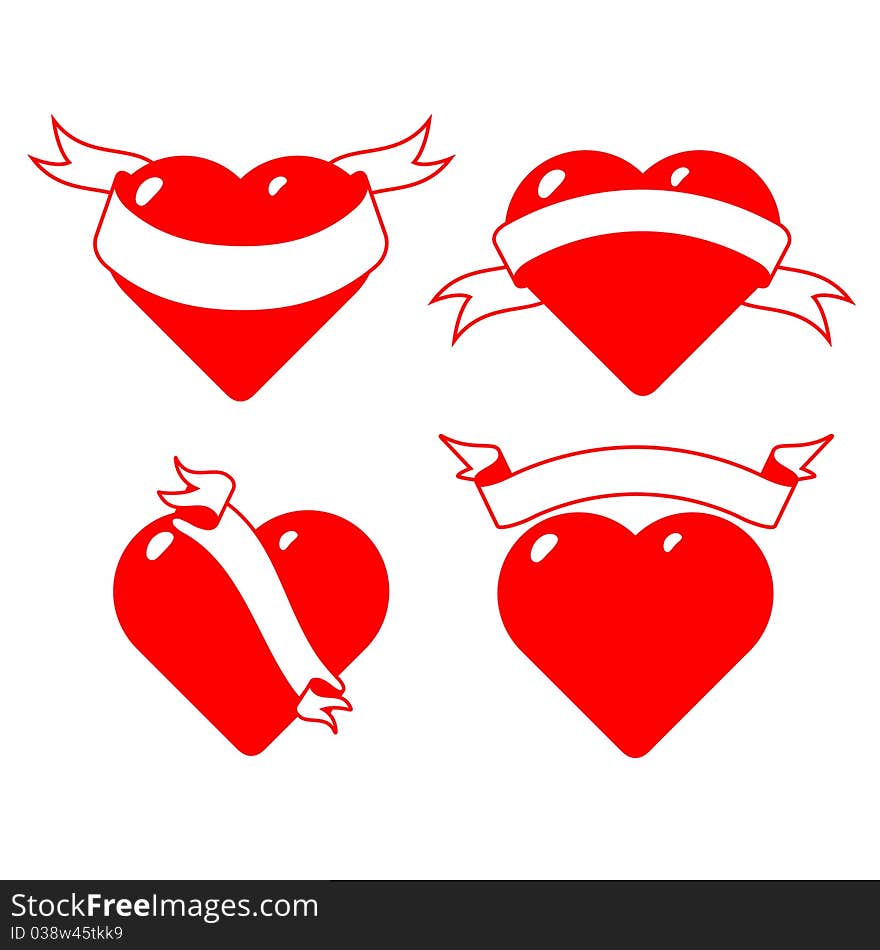 Four stylized hearts with ribbons. Illustration is easily edited. Isolated on white background. This is vector illustration eps8. Four stylized hearts with ribbons. Illustration is easily edited. Isolated on white background. This is vector illustration eps8.