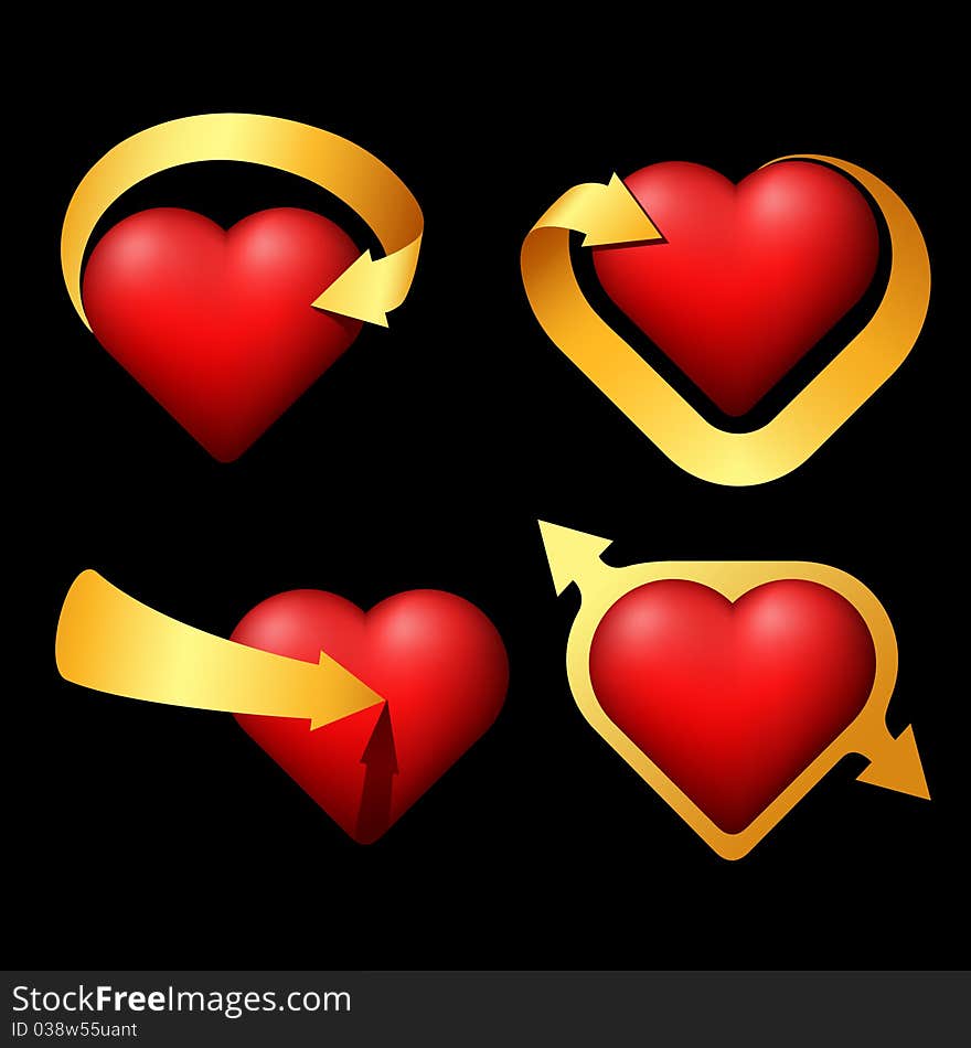 Four hearts with ribbons in the form of arrows Illustration is easily edited. Isolated on white background. This is vector illustration eps8. Four hearts with ribbons in the form of arrows Illustration is easily edited. Isolated on white background. This is vector illustration eps8.