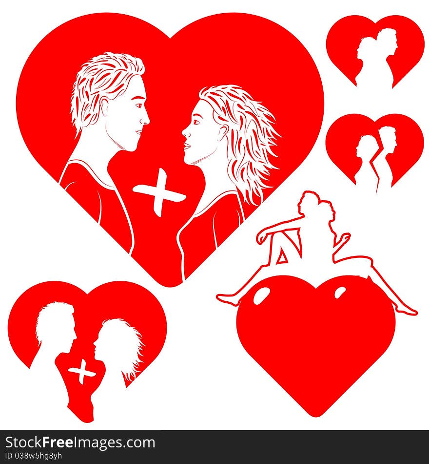 Stylized hearts, with a silhouette of a couple in love. Illustration is easily edited. Isolated on white background. This is vector illustration eps8. Stylized hearts, with a silhouette of a couple in love. Illustration is easily edited. Isolated on white background. This is vector illustration eps8.