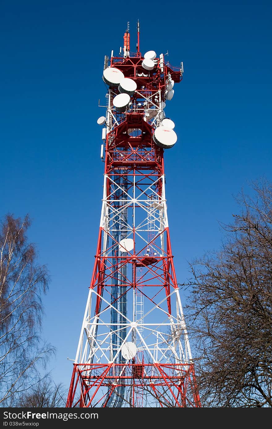 Communications Tower With Microwave Relays. Communications Tower With Microwave Relays