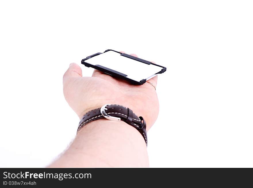 Badge in a hand on a white background