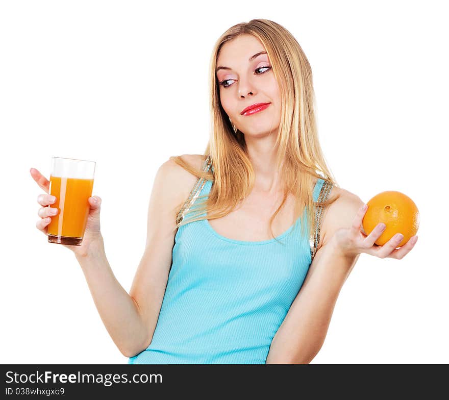 Cheerful girl with orange and fresh juice against white background. Cheerful girl with orange and fresh juice against white background