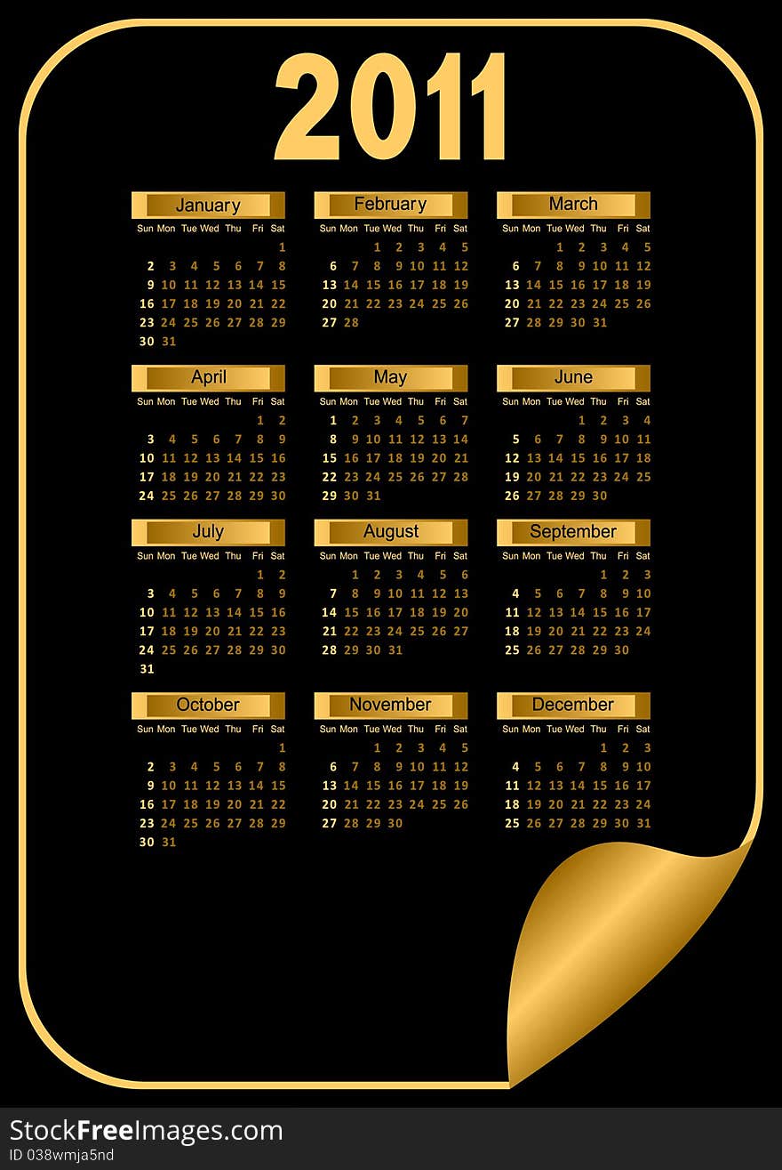 Calendar for 2011. It is executed in gold and black color. Calendar for 2011. It is executed in gold and black color.