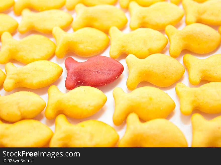 Fish Crackers all yellow and one red.