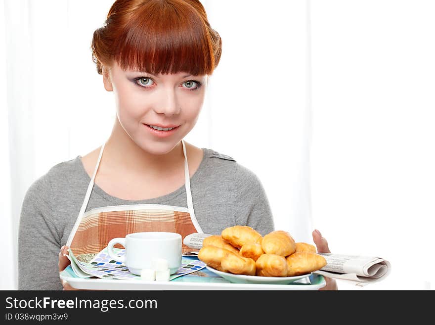 Housewife Holding Tray With Breakfast