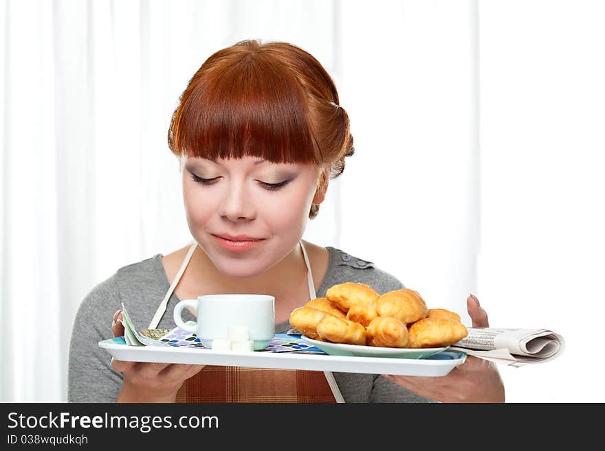 Housewife Holding Tray With Breakfast