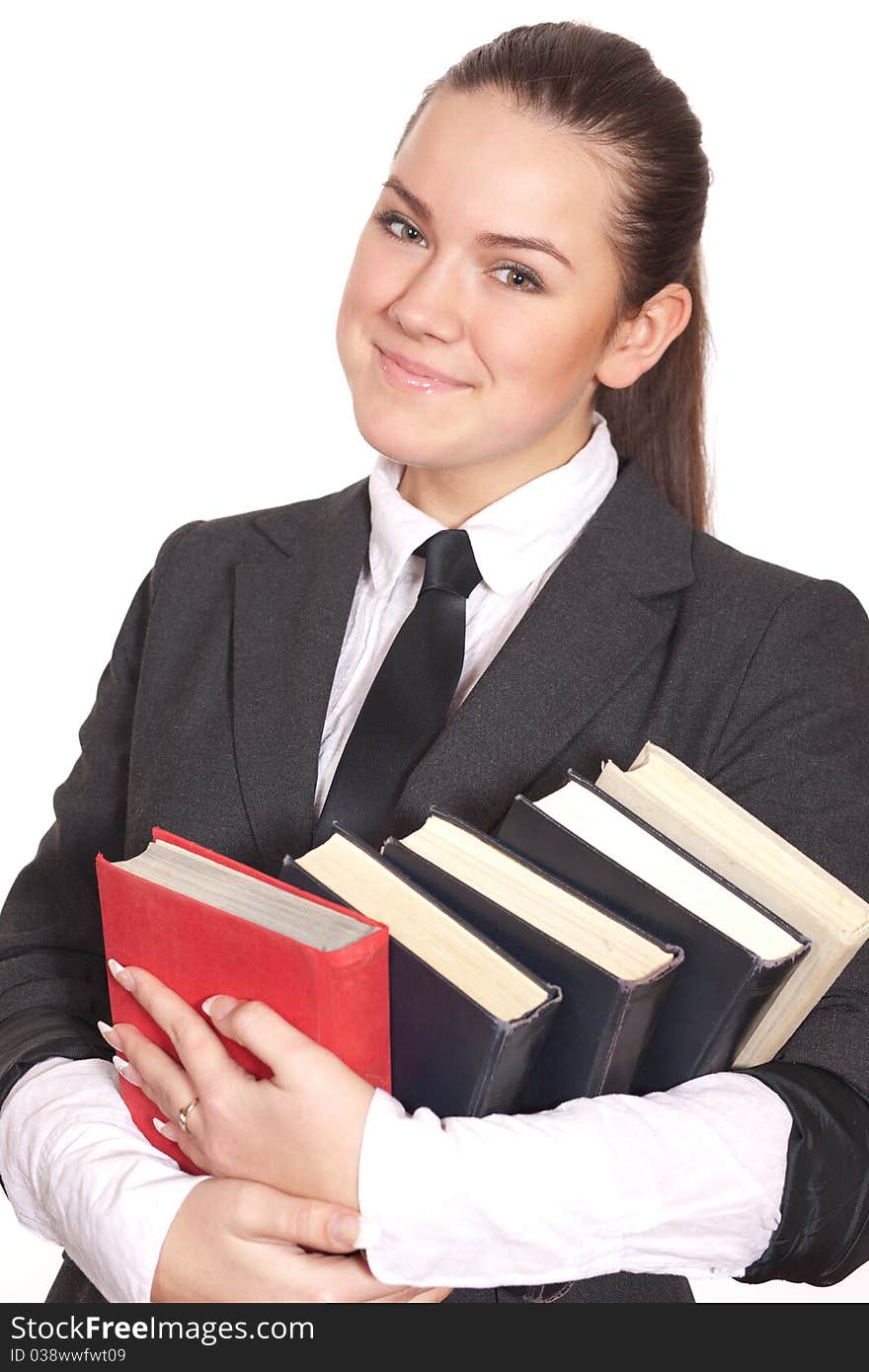 Smiling Girl With Books On White