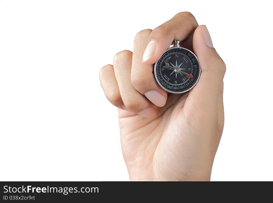 Gesture of mans hand holding compass