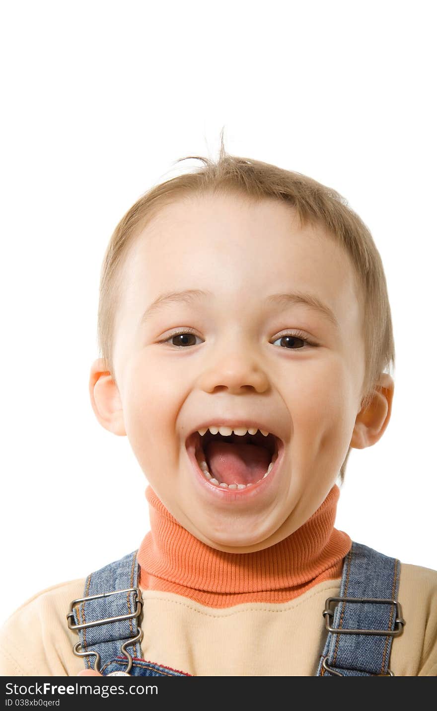 Portrait of smiling boy in casual. Isolated over white