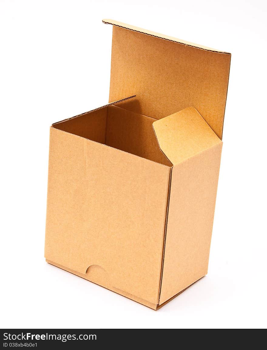 Empty open cardboard box on white