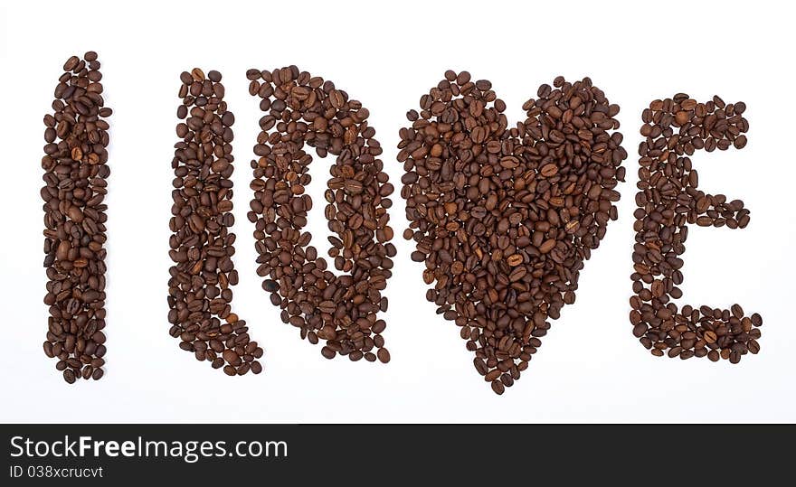 Inscription I love  from coffee grains