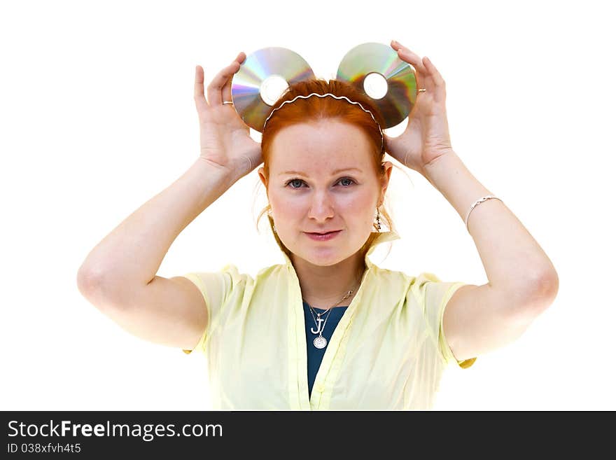 Redhead Young Woman Holding A CDs