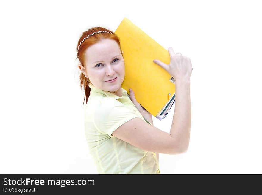 Redhead Young Woman Student Holding A Notebooks