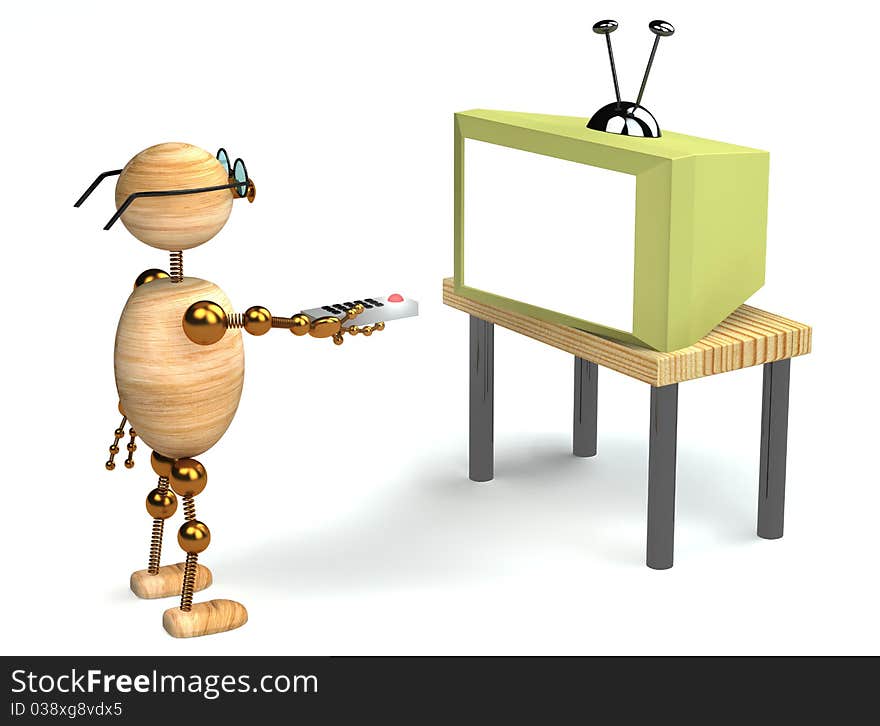 3d wood man is watching tv isolated on white