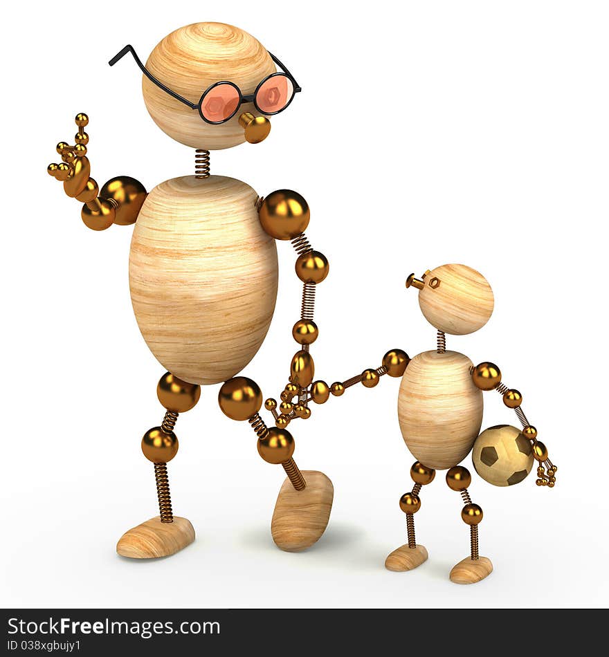 3d wood man holding a chlid isolated on white