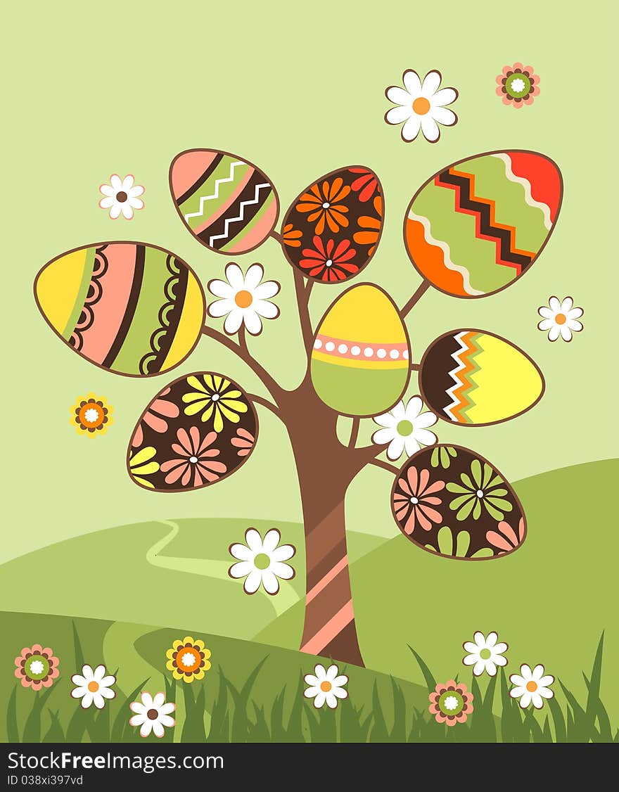 Spring landscape with easter blossoming tree and eggs. Spring landscape with easter blossoming tree and eggs