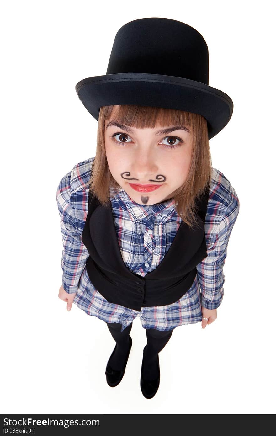 Girl with painted mustaches and bowler hats on white background