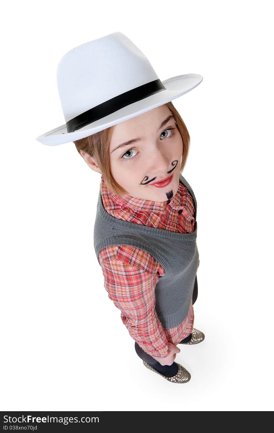 Girl with painted mustaches and bowler hats on white background