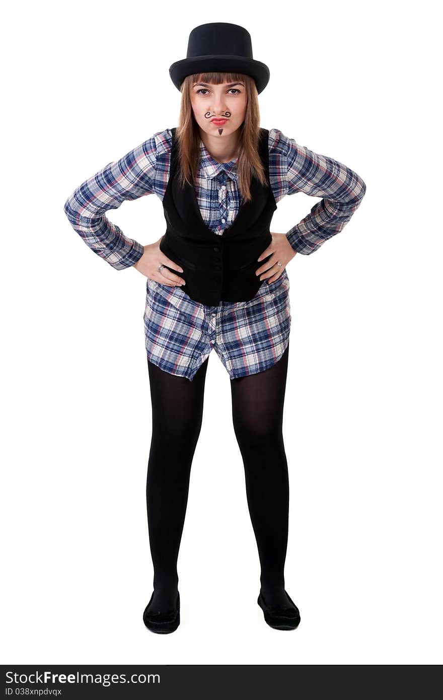 Girl with painted mustaches and bowler hats on white background