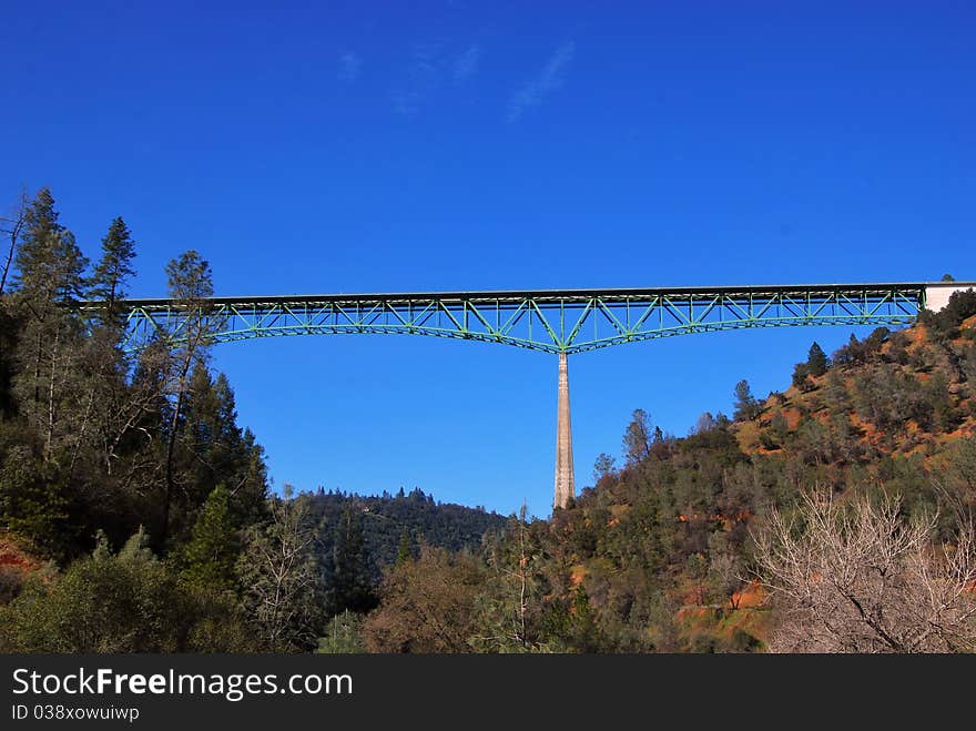 Auburn Bridge Foresthill California highest 730 feet american river north fork over blue sky background