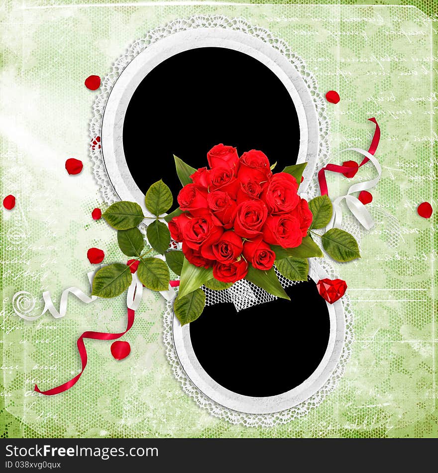 Beautiful frame with red roses on the green