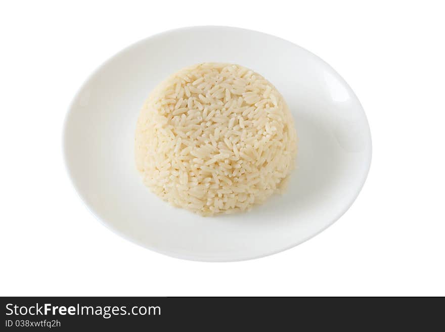 Boiled rice on an white plate