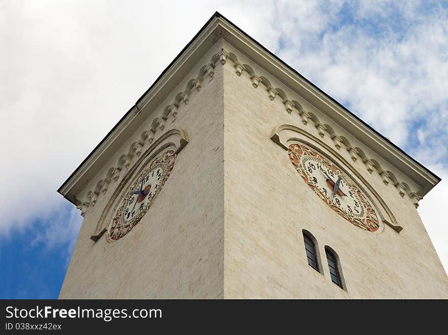 The top of tall tower with clocks in Simferopol, Crimea, Ukraine