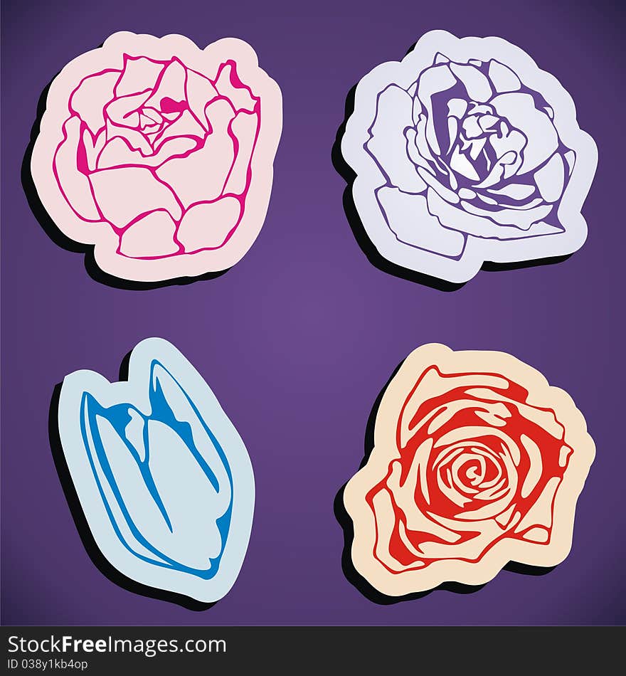 Vector flowers stickers on violet background. Vector illustration. Vector flowers stickers on violet background. Vector illustration