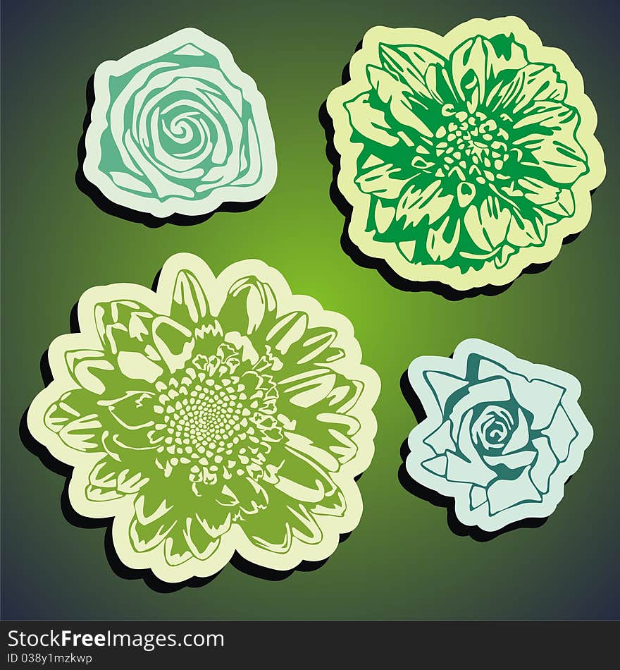 Vector flowers stickers on green background. Vector illustration. Vector flowers stickers on green background. Vector illustration