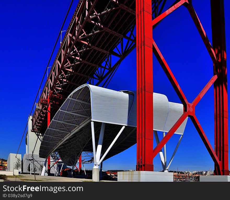 Construction of the bridge, railway and transport bridge Portugal Lisbon Bridge on April 25 architecture