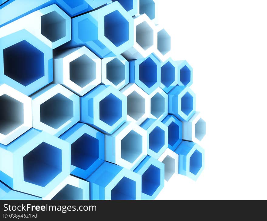 Abstract bright geometrical background with blue hexagons and copyspace. Abstract bright geometrical background with blue hexagons and copyspace