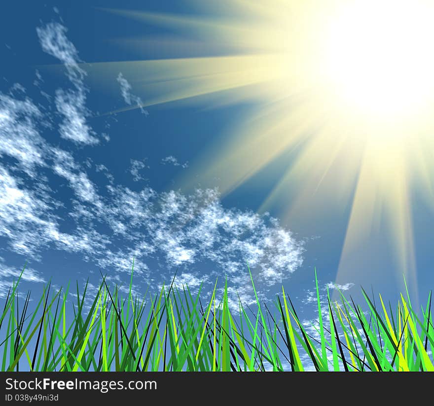 Lush green grass against the sunny sky. 3d computer modeling