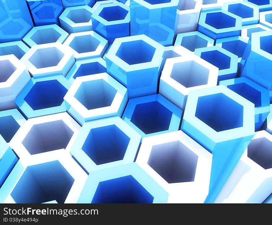 Abstract bright geometrical background with blue hexagons and copyspace. Abstract bright geometrical background with blue hexagons and copyspace