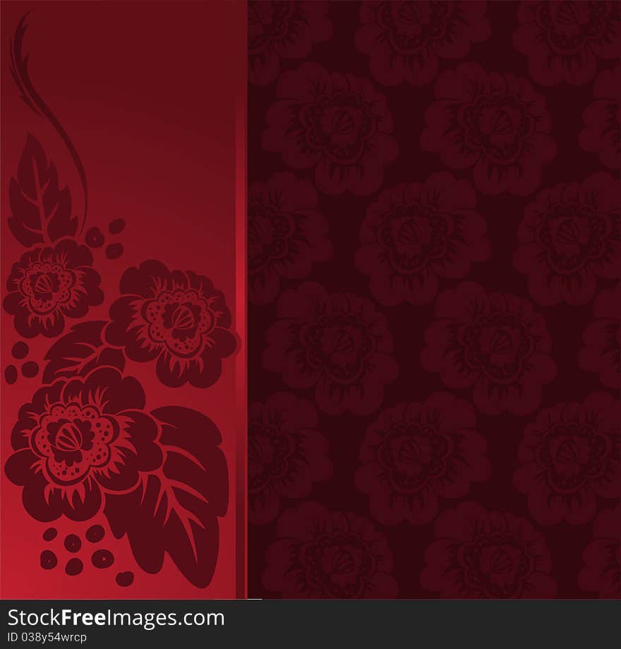 Asymmetrical red background with the flowers of a broad vertical strip. Asymmetrical red background with the flowers of a broad vertical strip