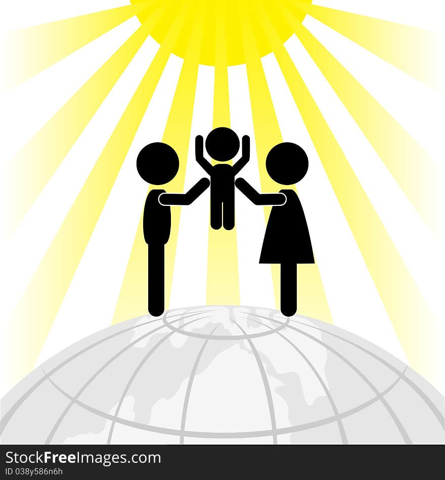 Couple on a round Earth lifting baby to the sun. Couple on a round Earth lifting baby to the sun