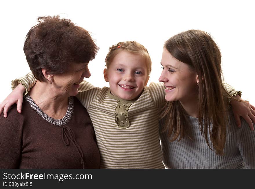 Grandmother, daughter and granddaughter portrait isolated over white background. Grandmother, daughter and granddaughter portrait isolated over white background