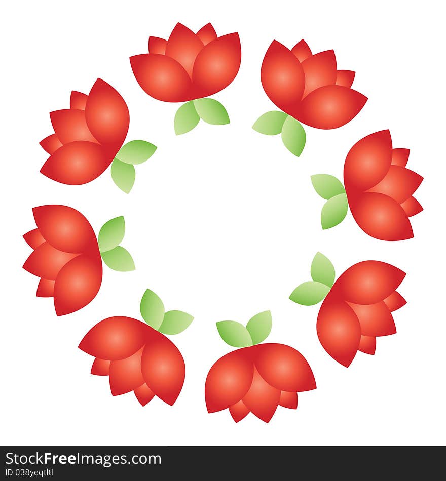 Isolated vector floral lei design with red green blossom rose icon in circle on white background. Isolated vector floral lei design with red green blossom rose icon in circle on white background.