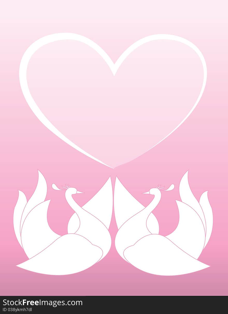 Pink background with a heart and white swans