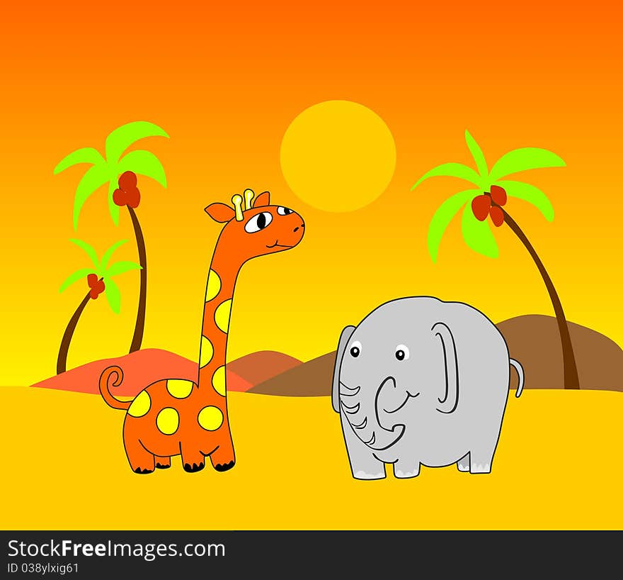 Giraffe and elephant in desert. Giraffe and elephant and background are grouped and layered separately. JPG file in a high resolution also available. Giraffe and elephant in desert. Giraffe and elephant and background are grouped and layered separately. JPG file in a high resolution also available.