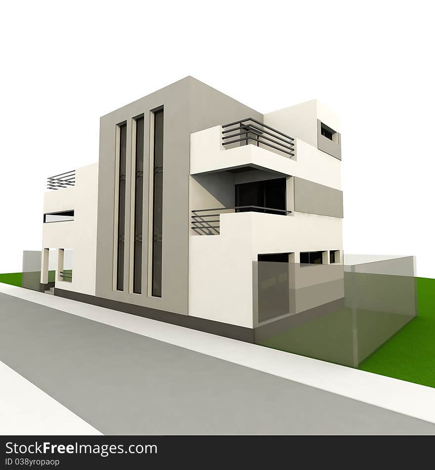 3d modern house, render in 3ds max, on white background