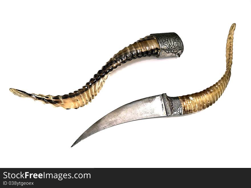 The image of a decorative dagger and its sheath on a white background separately