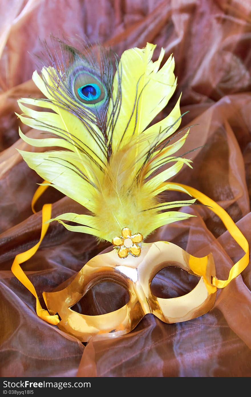 Golden mask with feathers on the fabric