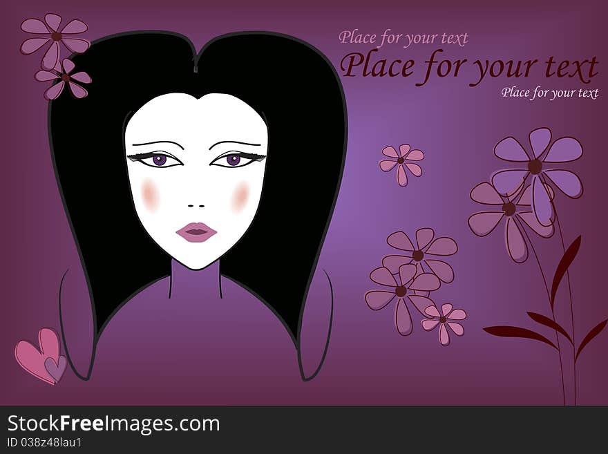 Beautiful girls face on purple background with place for your text. Beautiful girls face on purple background with place for your text