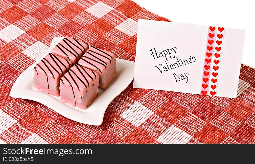 Valentine's day card with rose and cakes, isolated on white