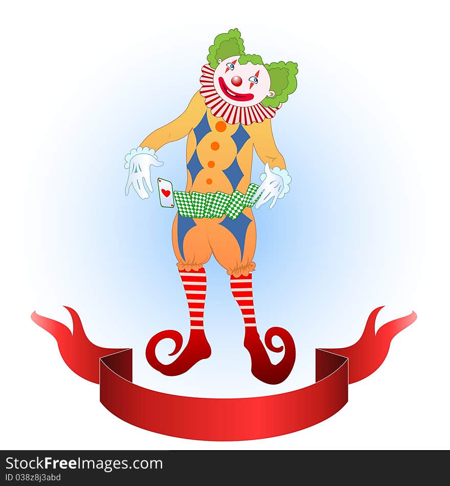 Vector illustration of clown juggling colorful playing card