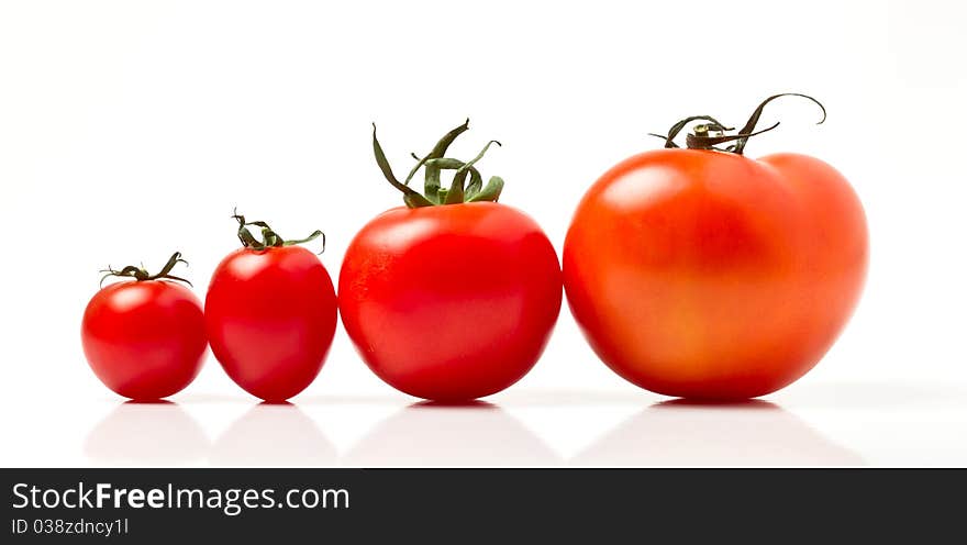 Tomato line up of four different varieties isolated on white. Tomato line up of four different varieties isolated on white.