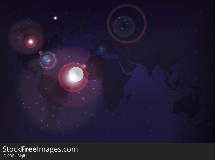 World map and bright stars. Cosmos background.