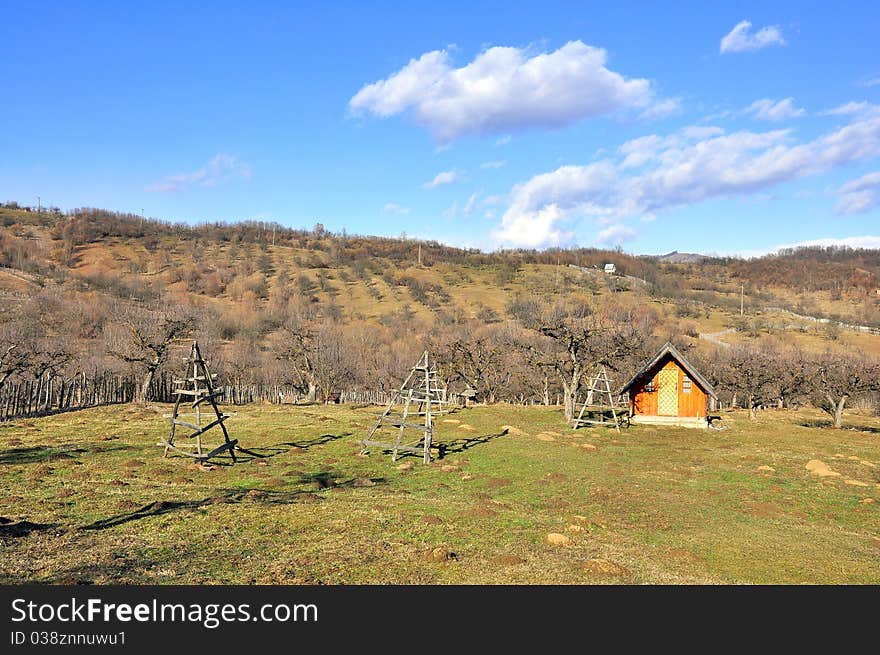 Weekend cottage garden on mountain top